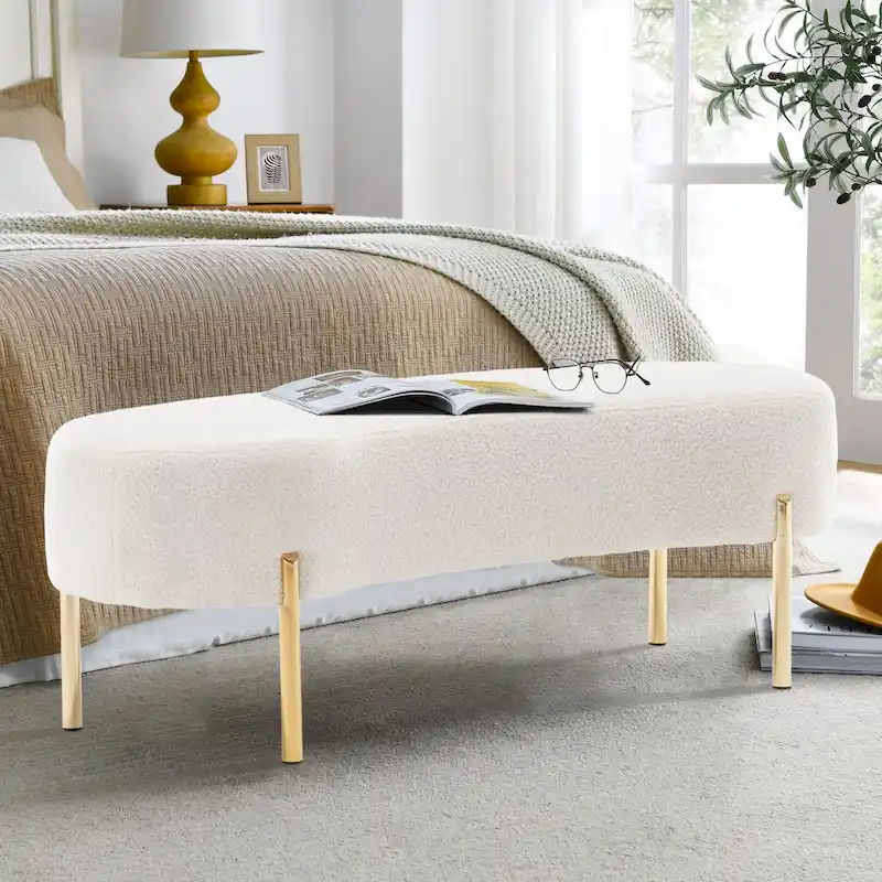 Upholstered Ottoman Bench with Gold Metal Legs, 45.7 x 15.4