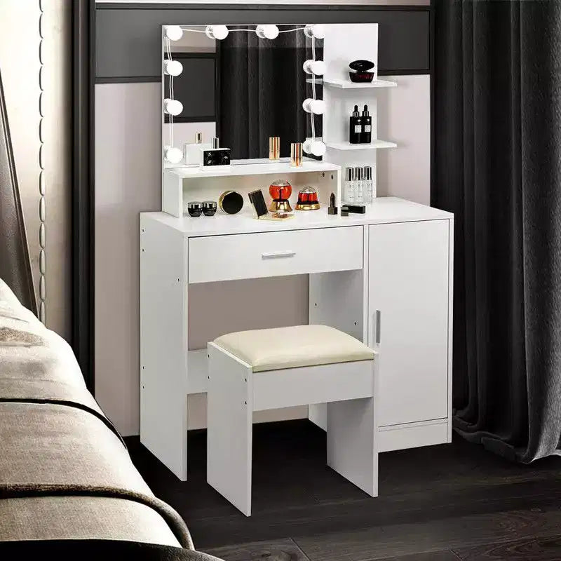 Karl Home | White LED Makeup Vanity Set With Adjustable Lighting, Cushioned Stool, And Spacious Storage