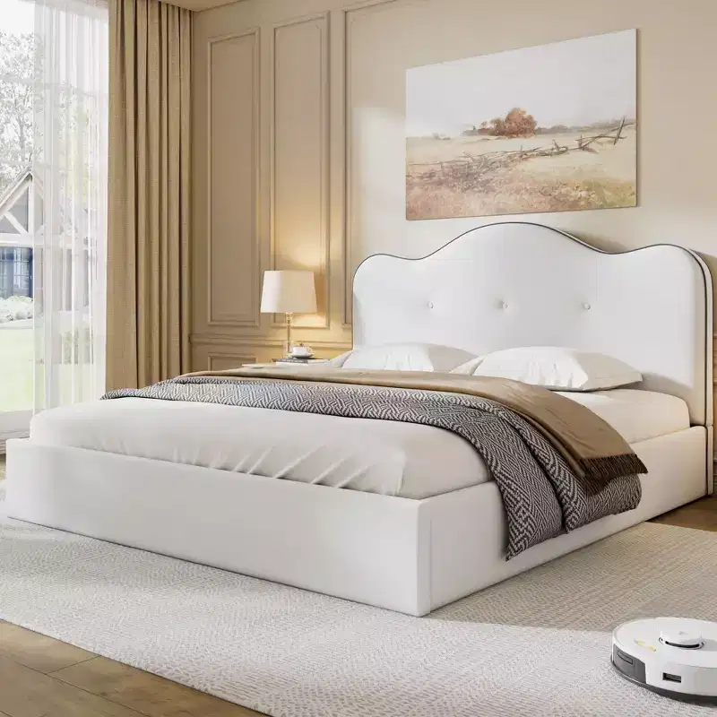 Queen/King Size Velvet Upholstered Platform Bed Frame with Padded Headboard, Beige - ModernLuxe
