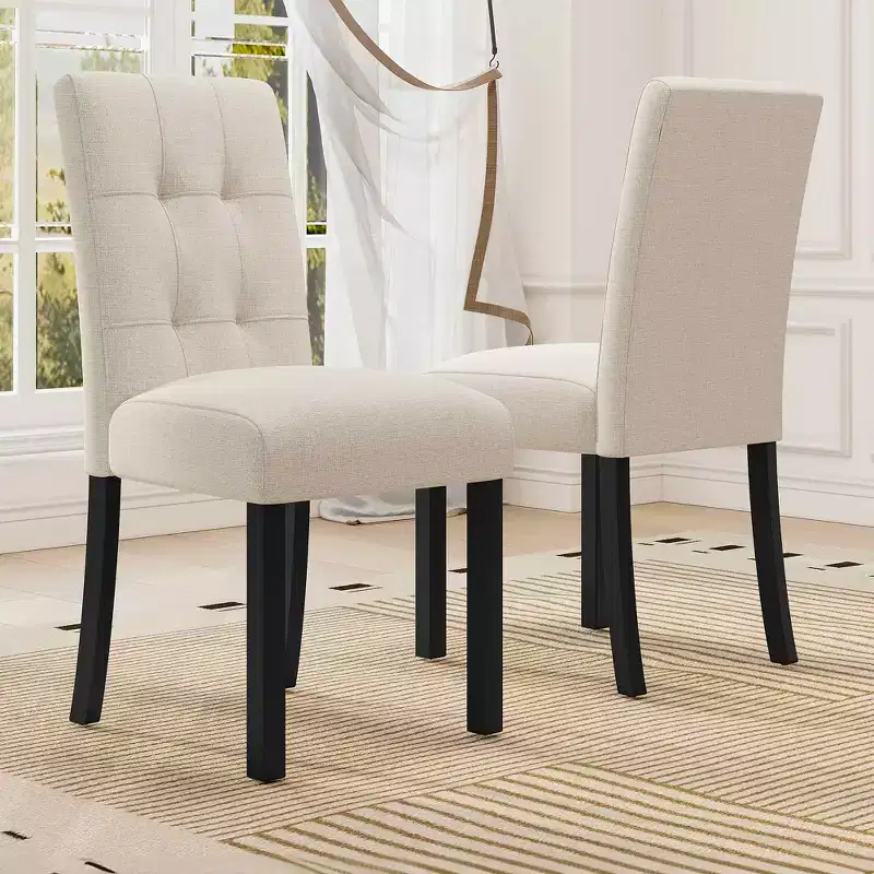 MAYEERTY 4-Piece Modern Tufted Dining Chair, Linen Upholstered, Black Rubber Wood Legs