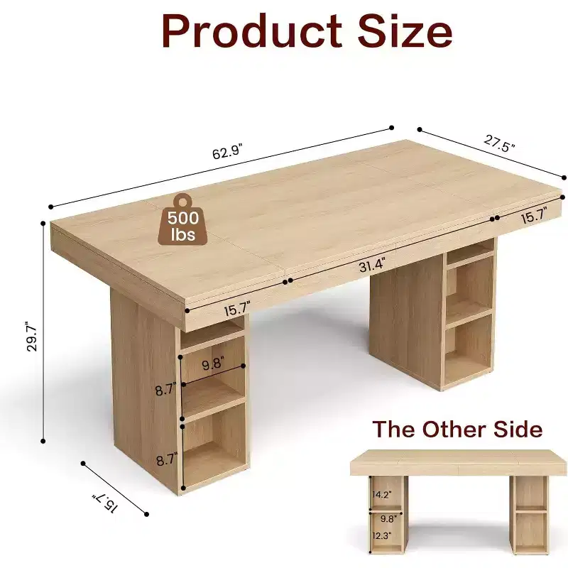 63-Inch Rectangular Dining Table for 6, Wood Construction, Double Pedestal Base with Dual-Sided Storage, Expansive Surface, Reinforced Frame
