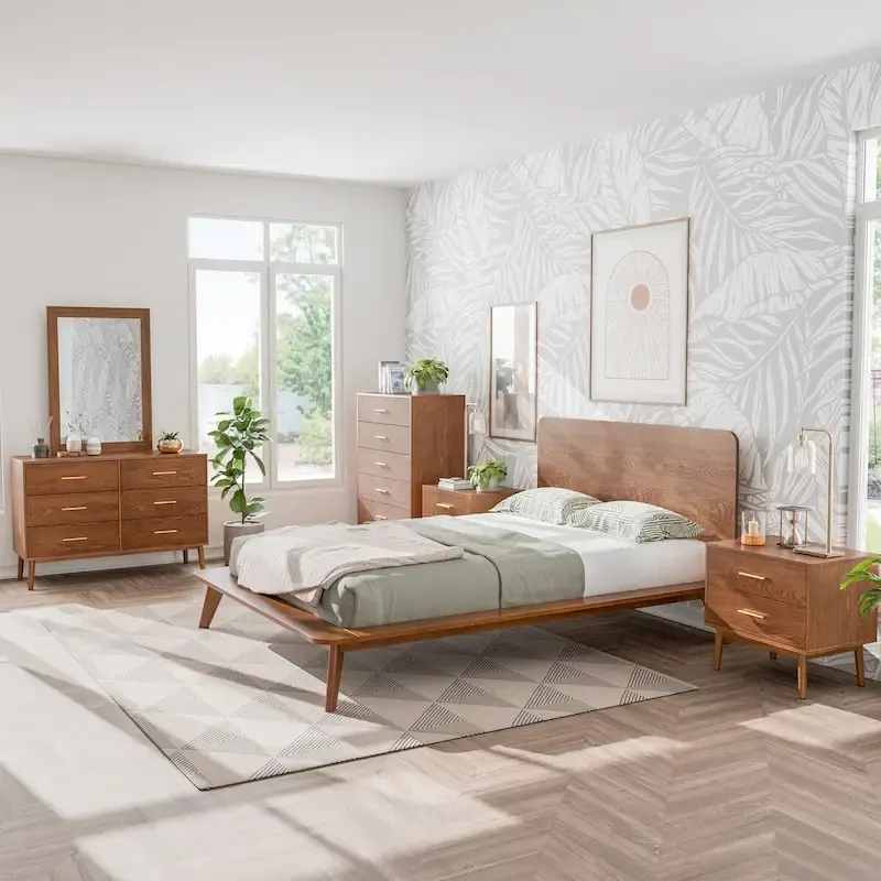 Furniture of America Beau Midcentury 6-Piece Walnut Low Profile Queen Bedroom Set