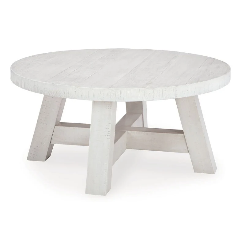 Linie Round Cocktail Coffee Table, Rustic Posts, 40 Inch White Pine