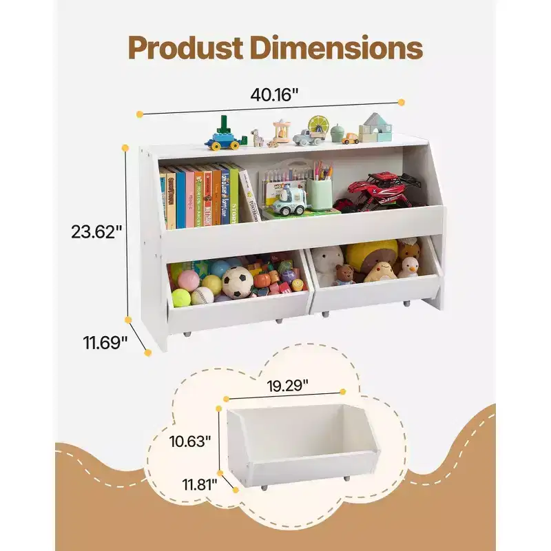VIYET White Wooden Kids Storage Organizer-2 Mobile Drawers, Bookshelf