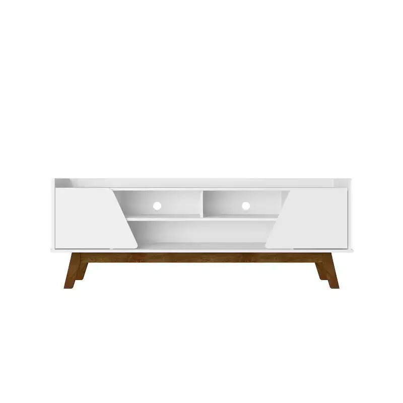 Marcus Mid-Century Modern 5 Shelf TV Stand for TVs up to 65" White - Manhattan Comfort: Solid Pine Legs, Soft-Close Doors
