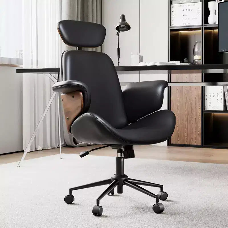 Office Chair with Wheels, PU Leather Swivel Desk Chair, Bentwood Arms, Height Adjustable