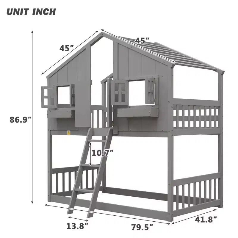 Bellemave Twin over Twin House Bunk Bed with Window, Window Box and Door ,Pine House Bunk Bed Frame with Roof,Guardrails and Ladder for Kids