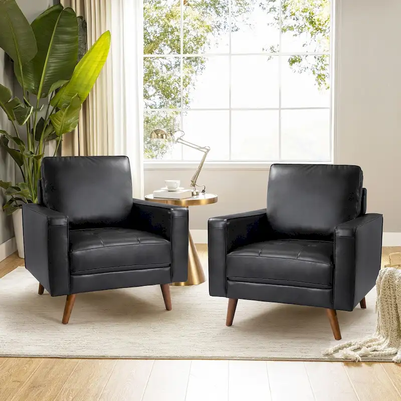 Mid-Century Genuine Leather Accent Chair, Set of 2 — Black / Navy / Brown / Camel / Burgundy / Beige