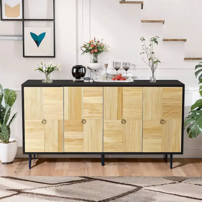 4-Door Storage Cabinet with Carved Wood Panels