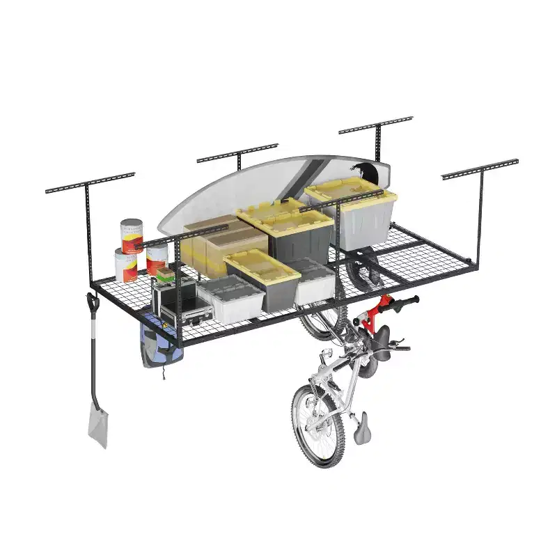 FLEXIMOUNTS OHK48B-E 4'x8' Overhead Garage Storage Ceiling Storage Rack with 8 Accessory Hooks Black: Adjustable Steel Utility Shelves