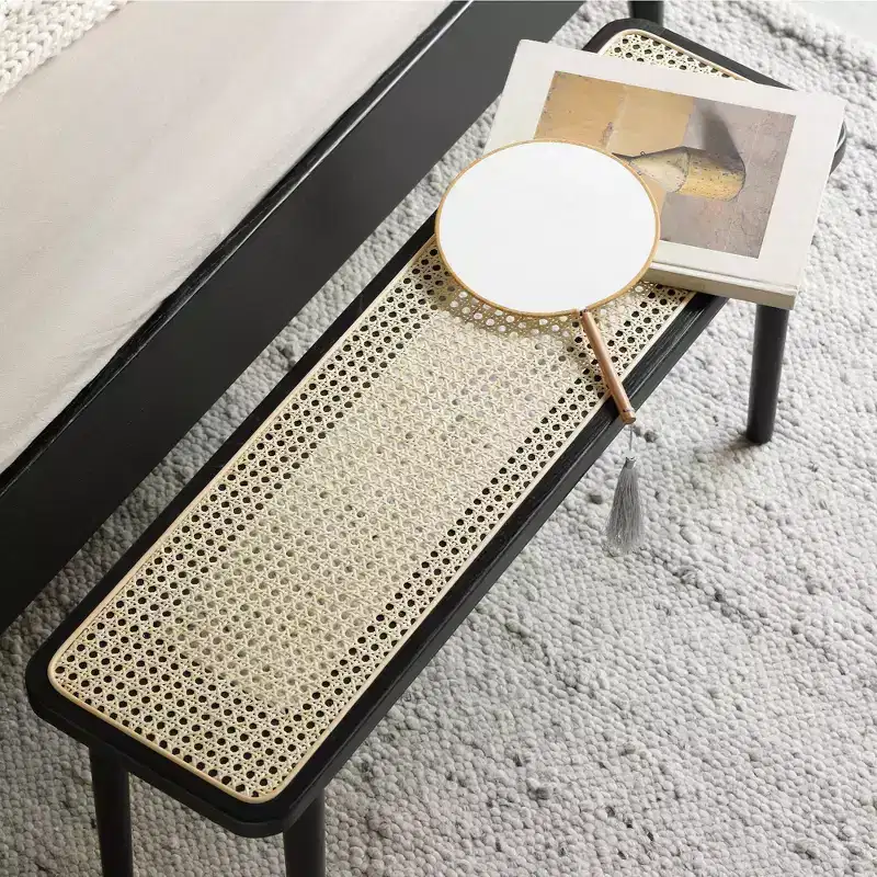 Farmhouse 47 Oak Wood Dining Bench with Rattan Detail