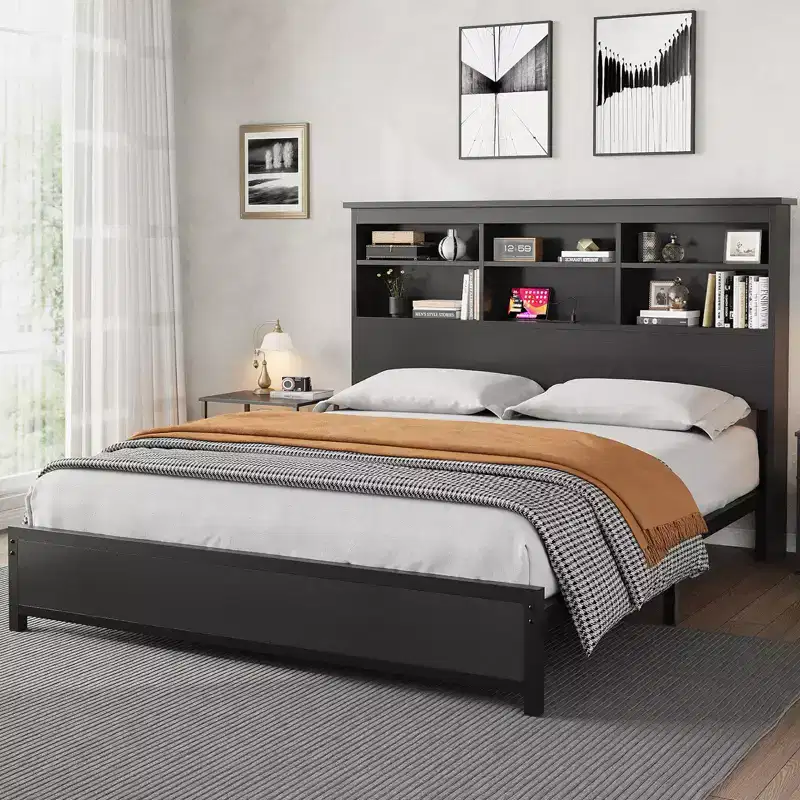 Bed Frame with 2 Tier Bookcase Storage and High Headboard, No Box Spring Needed Easy Assemble Black Mattress Frame