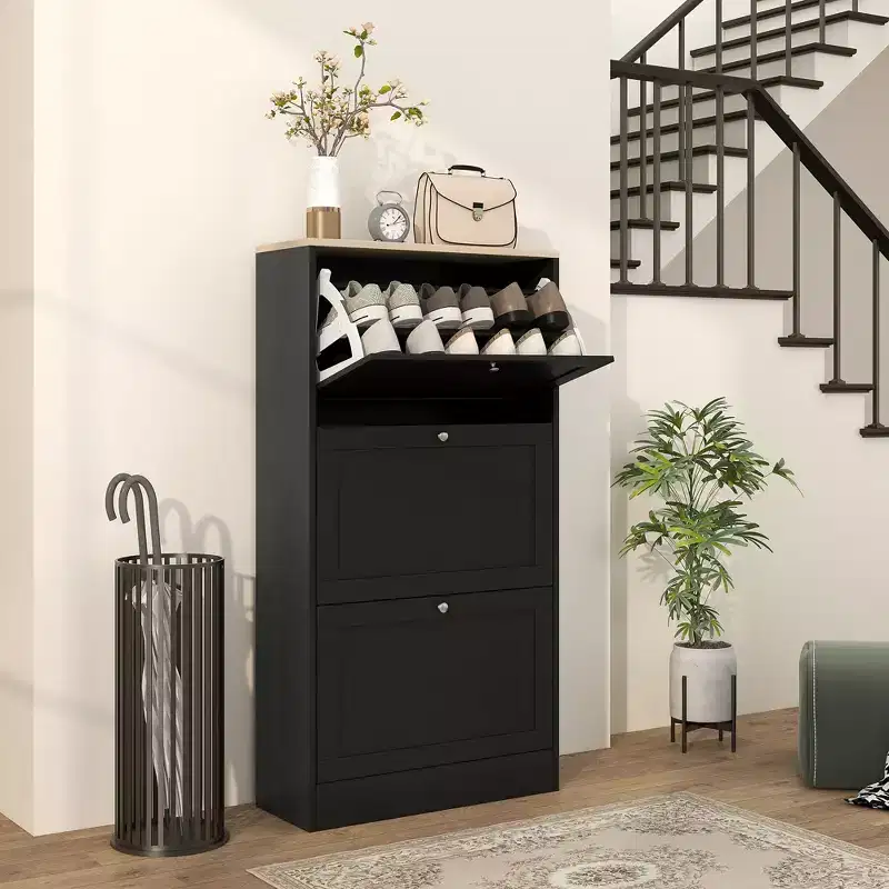 Modern Shoe Storage Cabinet with 3 Flip Drawers and Adjustable Shelves for 18 Pairs of Shoes