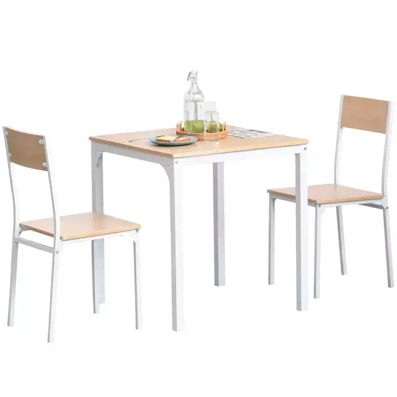 HOMCOM 3-Piece Wooden Square Dining Table Set with 1 Table and 2 Chairs and Sturdy Metal Frame for Small Space, White