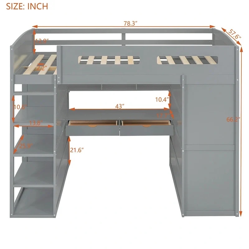 Gray Full Size Solid Wood Loft Bed with Desk, Wardrobes and Shelves