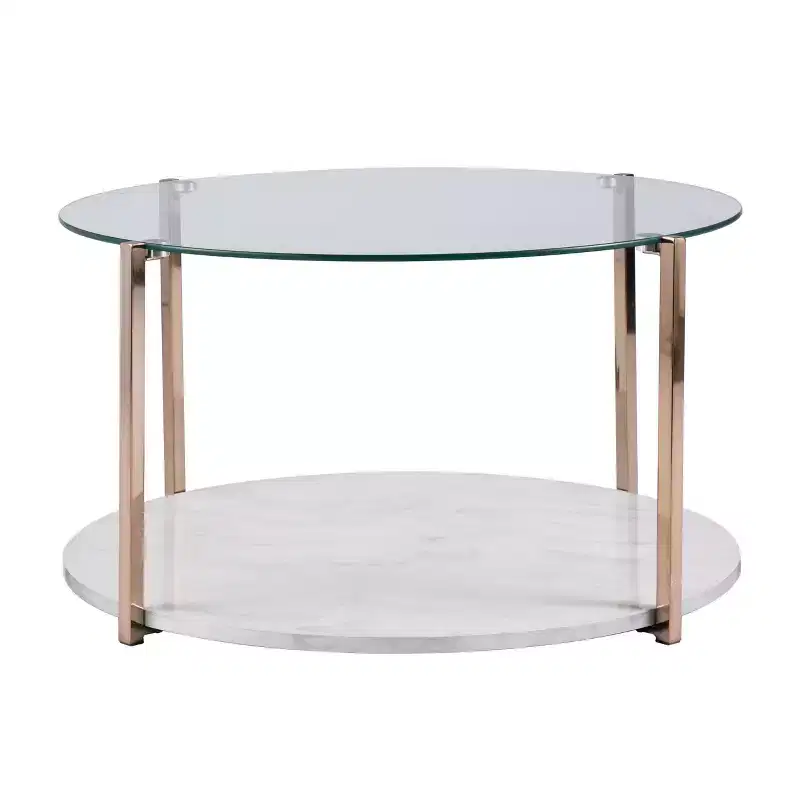 Round Glam Cocktail Coffee Table �C Gold Frame & Tempered Glass Top