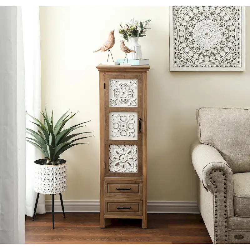 White and Brown Wood 2-Drawer and 1-Door Slim Storage Cabinet - 48.3 Tall