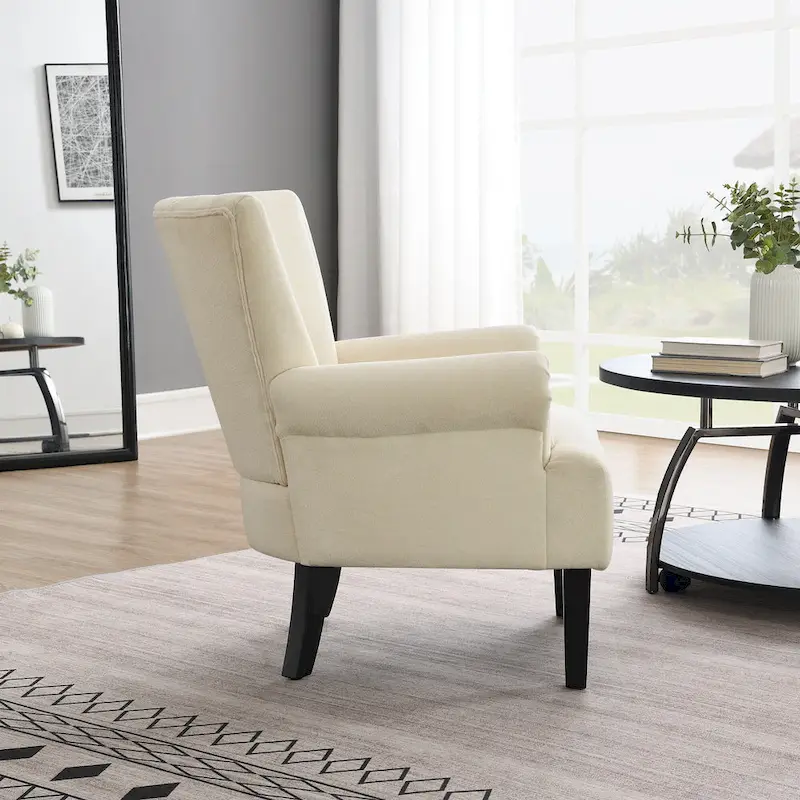Beige Channel Back Accent Armchair Soft Fabric Upholstered with Black Wood Legs