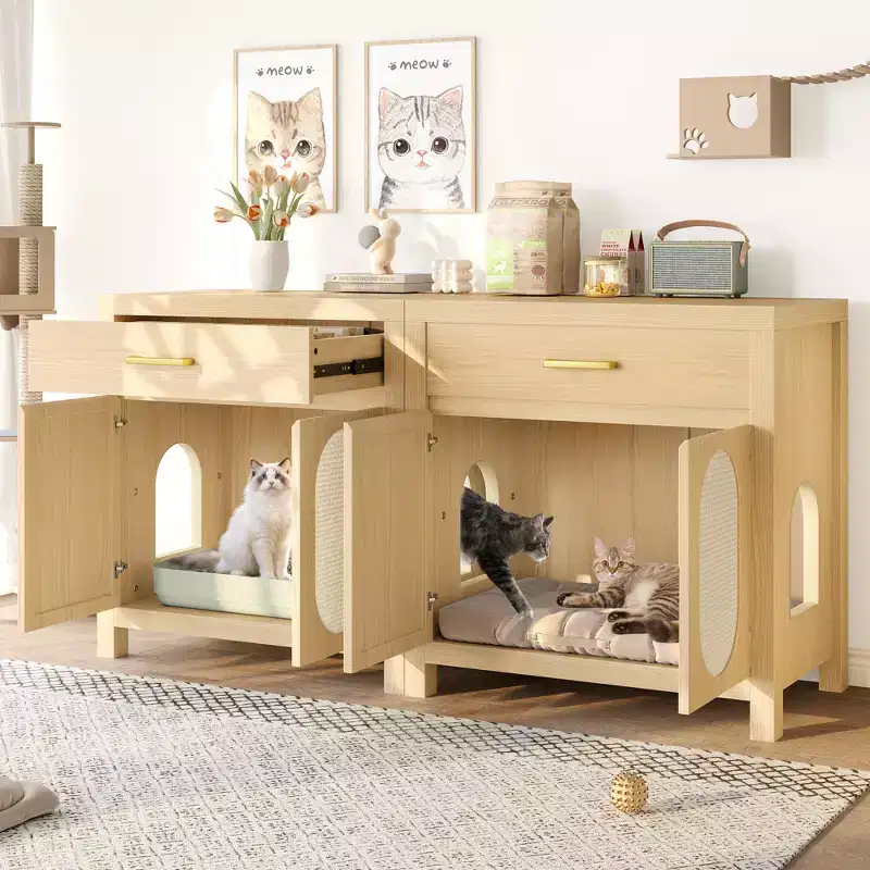 JVNOXK Hidden Cat Litter Box Enclosure with Scratching Board Door and Storage Drawer Wooden Bedside Cabinet with Natural Finish
