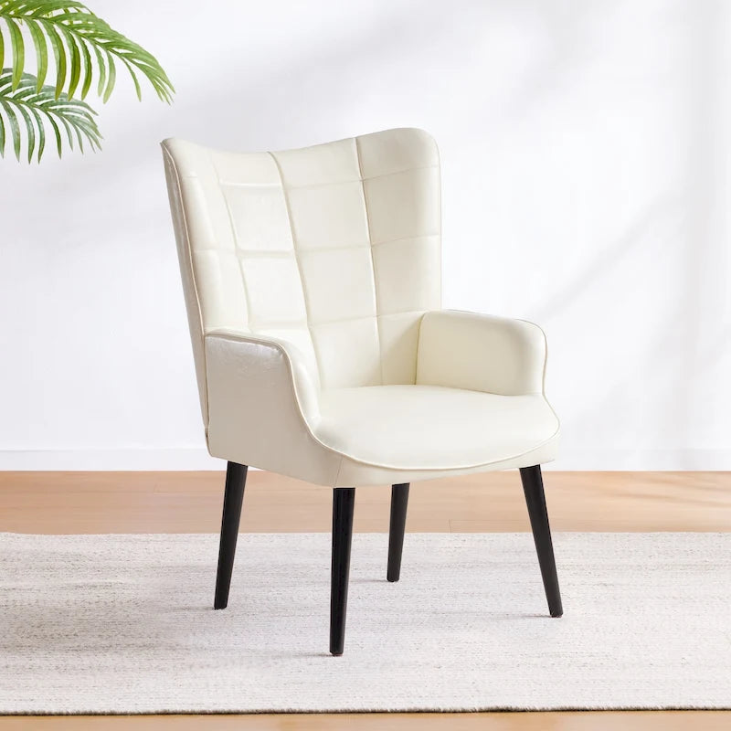 Mid-Century Modern Accent Chair – Cream, PU Leather, Solid Wood Legs, Seats 1