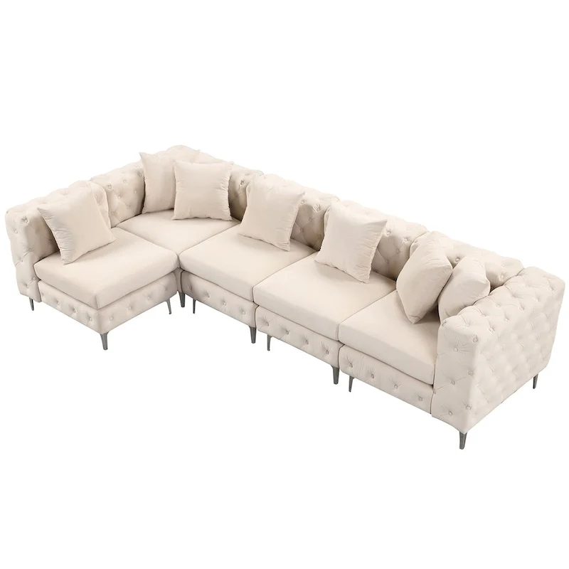 Large L-Shaped Modular Sofa, 5-Seat Velvet Sectional Couch