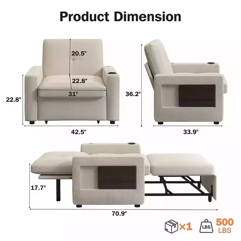 42.5 3-in-1 Convertible Sleeper Chair with Adjustable Backrest, USB Ports and Cup Holder
