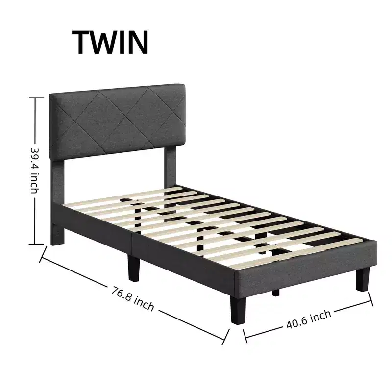 Upholstered Headboard Bed Frame C Wooden Slats, No Box Spring, Noise-Free, Easy Assembly (Gray)