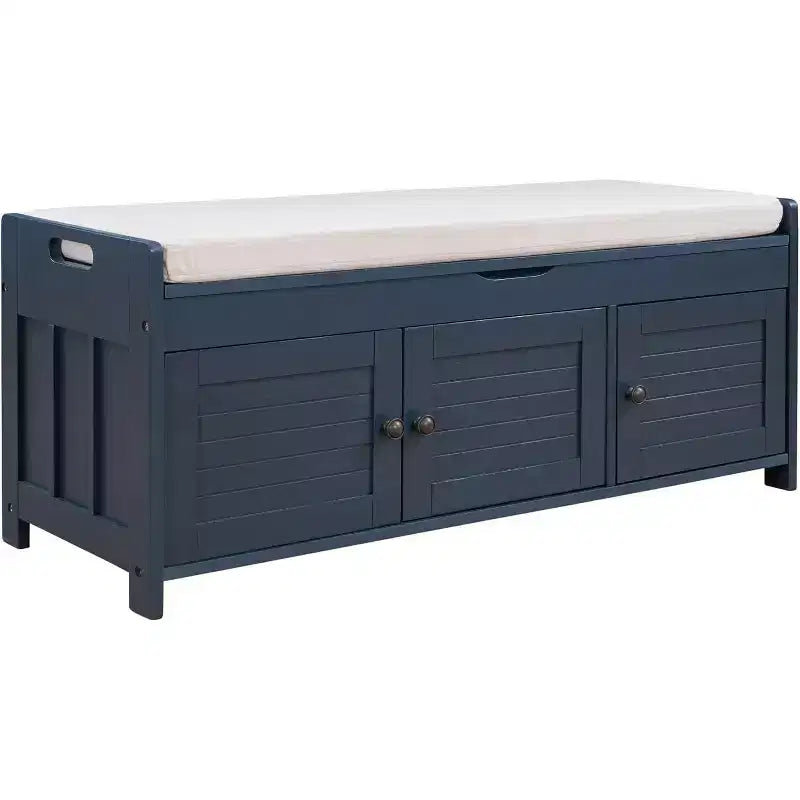 Wash Shoe Storage Bench with Removable Cushion, 3 Shutter Doors, Sturdy Wood Legs, Hidden Top Storage for Entryway & Bedroom