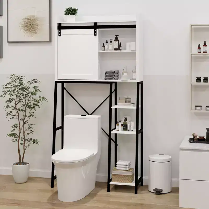 VIYET 64H Over The Toilet Storage Cabinet, White+Black Sliding Barn Door Bathroom Shelves with Adjustable Shelves & Side Storage Rack