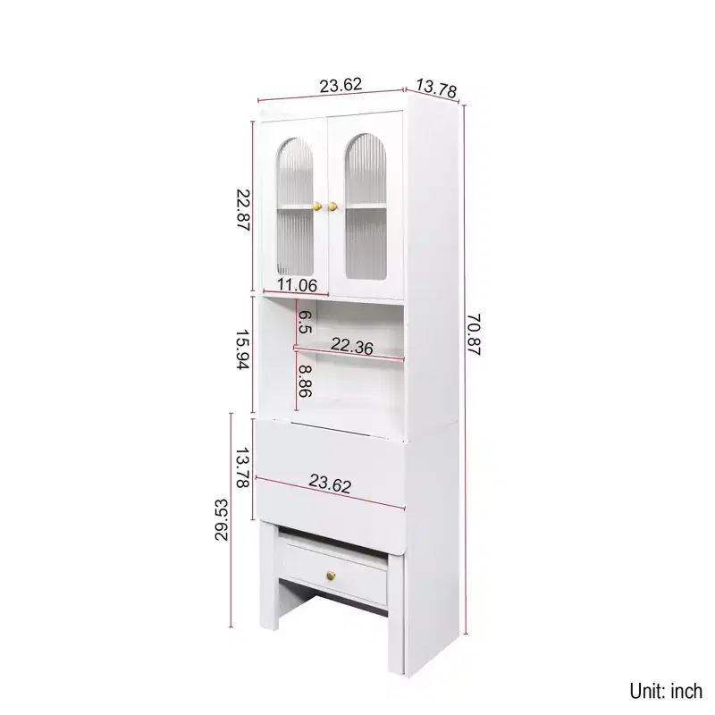Fold-Out Convertible Writing Table, Desk Cabinet with Shelf and Drawer Multi-Function Home Office Workstation White 23.62*13.78*70.87 in