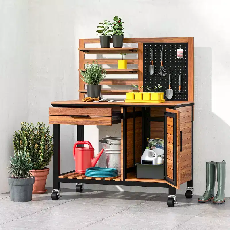 Seville Classics HOME Outdoor Acacia Wood Mobile Potting Bench, 48 W x 25 D x 60 H