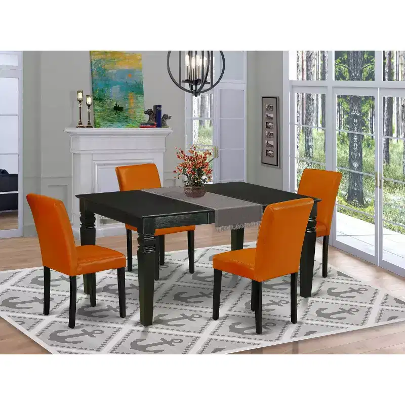 Coastal Cottage Kitchen Table Set - 5Pc Rectangle Table w/ Leaf & 4 Parsons Chairs - Black Legs