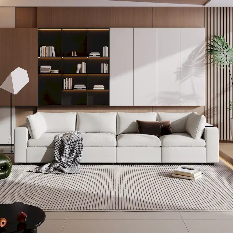 Beige Upholstered 4-Seater Modular Sectional Sofa with Wireless Charging