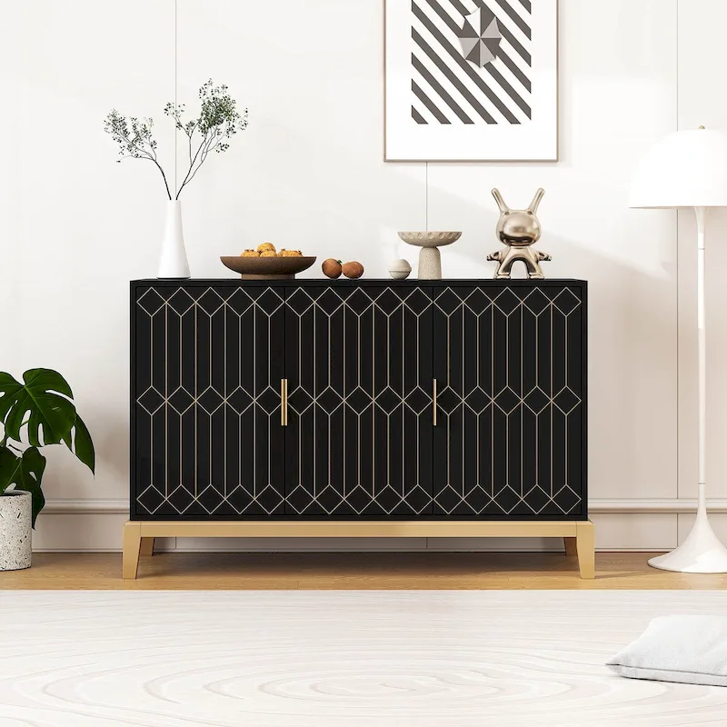 Carved Line 3 Door Storage Cabinet, Sideboard Buffet Cabinet With Adjustable Shelf, Large Storage Accent Cabinet