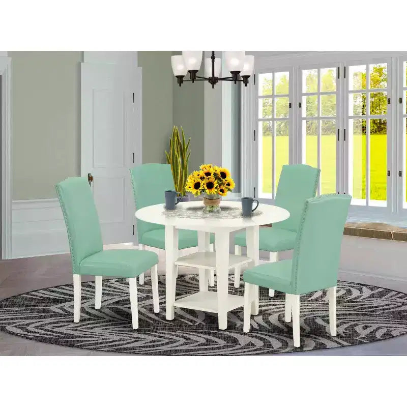 HomeStock 5-Pc Linen White Finish Solid Wood Top-Round Dining Room Set with Dropleaf-Seats 4