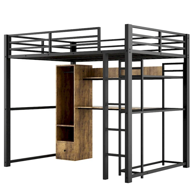 Full Size Metal Loft Bed with Built-in Wardrobe, Desk and Storage Shelves