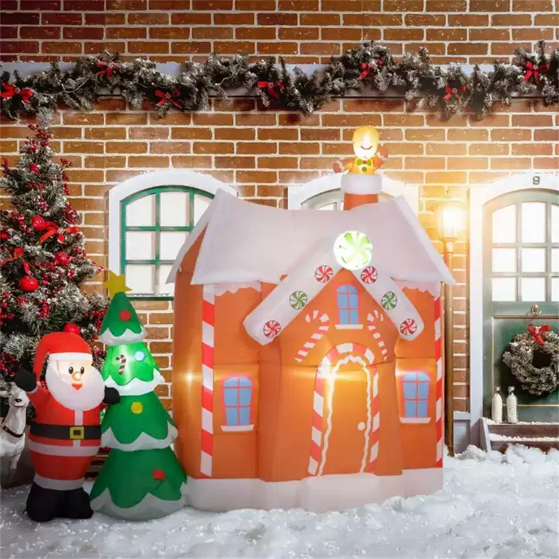 NAYSAYE 7FT Christmas Inflatable Gingerbread House With Santa Claus And Xmas Tree Holiday Decoration, Huge Blow Up Christmas Decor for Indoor, Outdoor