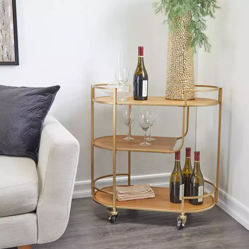 Contemporary Metal and Wood Bar Cart Gold - Olivia & May: No Assembly, 3-Tier, Indoor Use