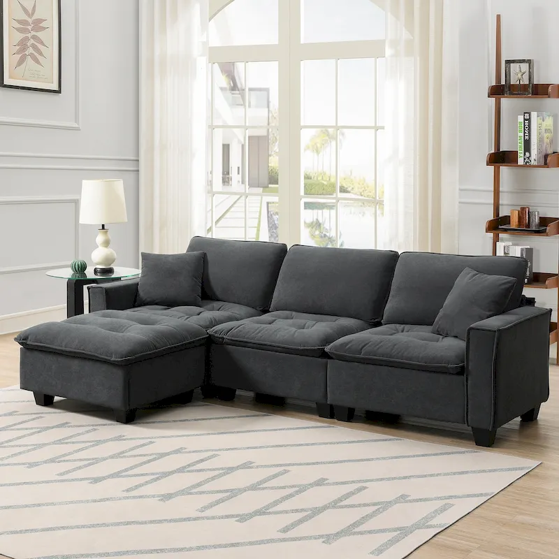 100*59 Convertible Sectional Sofa,L-shaped Reversible Couch Set with Free Pillows,4 Seat Sleeper Sofa with Ottoman