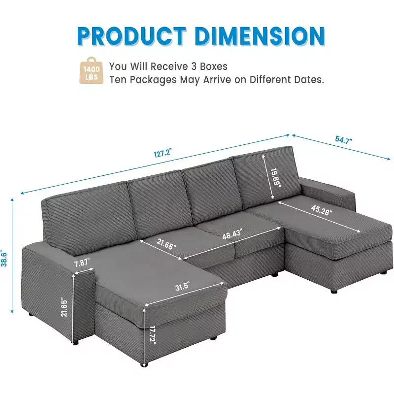 Modular Sectionla Sofa, U-Shaped Couch with Removable Washable Covers, Modern Gray Convertible Deep Seat Sofa for Living Room, Office