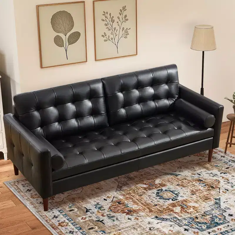 Mid-Century Modern Genuine Leather Sofa �C 80" 3-Seater