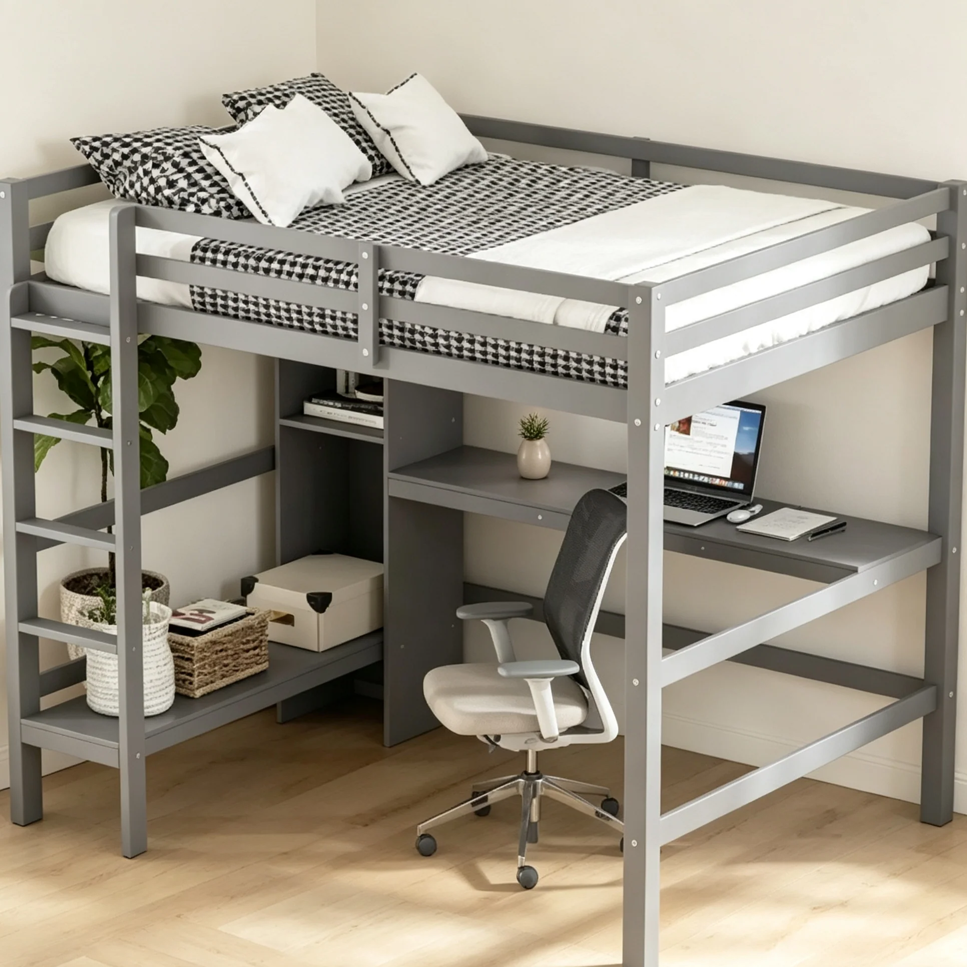 Full Size Loft Bed with Built-In Desk & Multifunction Shelves - Pine Wood