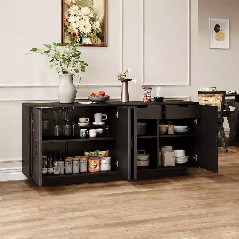 GDFStudio Alix Farmhouse 68 Sideboard Buffet Cabinet with Built-In Stemware Rack, 2 Drawers and 4 Doors