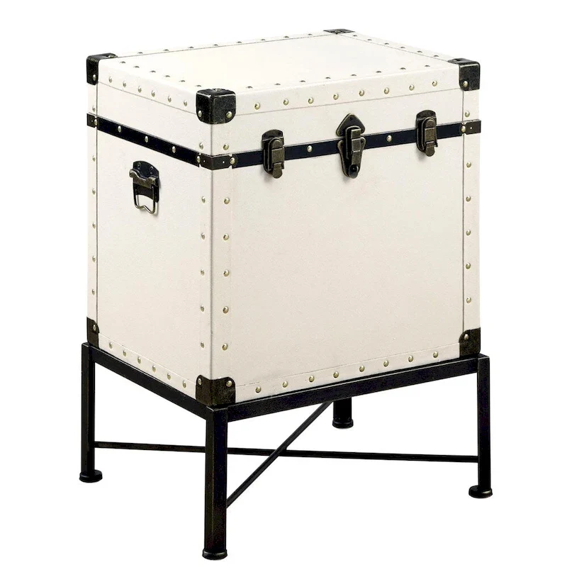 Blue / Cherry / White Trunk-Style Storage Accent Table with Faux Leather & Metal Frame