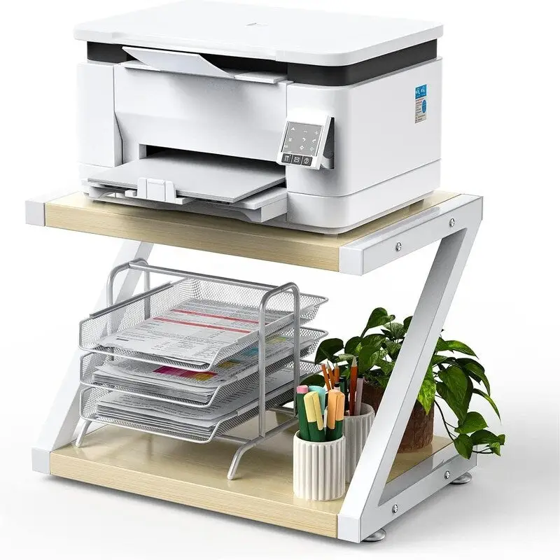 2-Tier Desktop Printer Stand with Wood Storage Shelves
