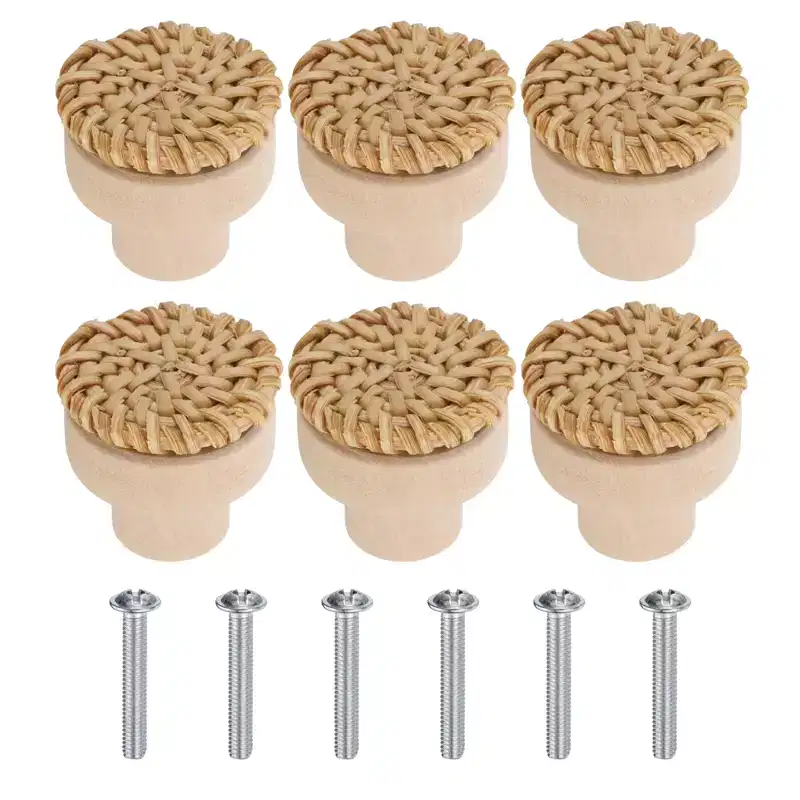 Unique Bargains Rattan Wood Handmade Dresser Cabinet Knobs with Screws