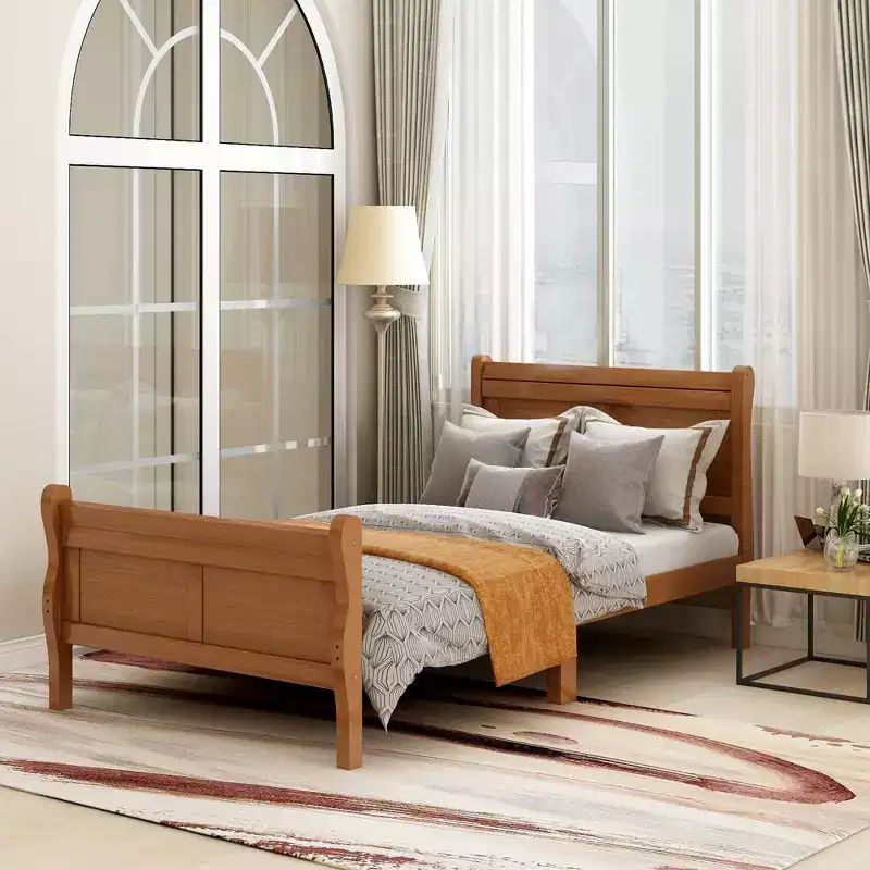 Oak / White Twin Platform Bed Frame with Headboard & Footboard, Solid Wood, for 1 Person