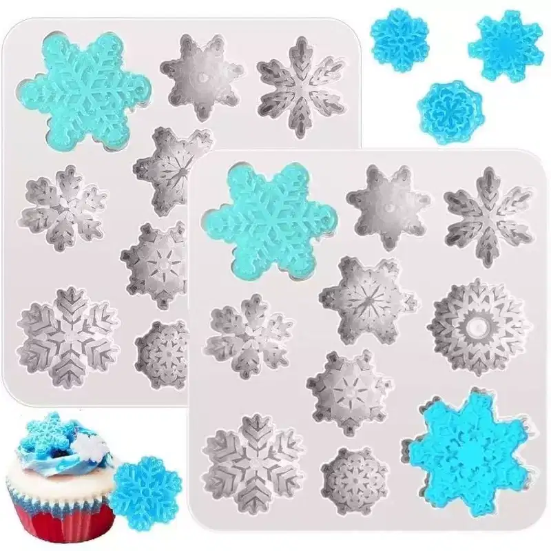 JDICTION 2pcs Snowflake Silicone Fondant Molds for Baking Christmas Chocolate Candy and Cake Decorations