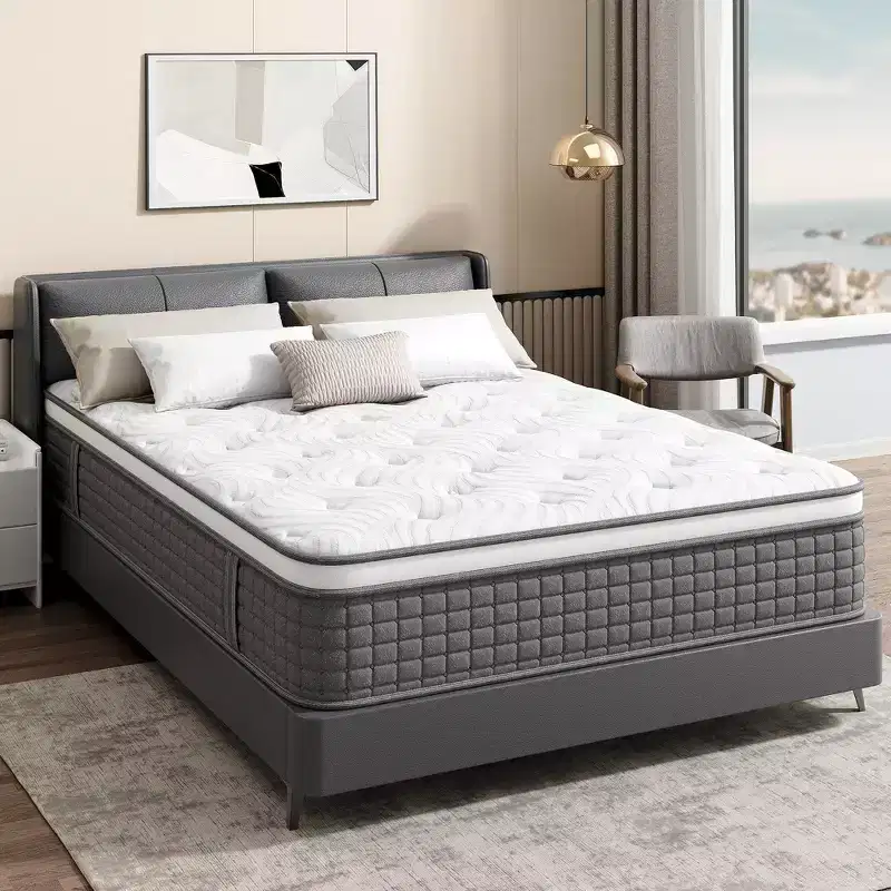 Medium Firm Mattress, 12 inch Mattress in a Box with Memory Foam & Spring, Hybrid Mattress for Pressure Relief, Gray