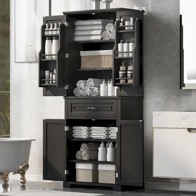 Tall Storage Cabinet with Doors and Drawer �C Black